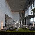 Modern Luxury Residential Sales Office Lobby With Abstract Metal Sculpture And Sleek Marble Interior Design