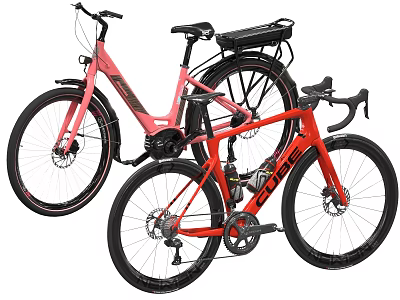 Pink Electric Bicycle With Rear Rack And Red Road Bicycle Drop Handlebars 3d model