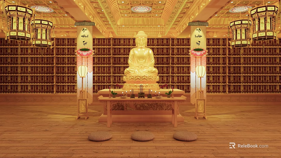 Buddhist Religious Worship Space With Golden Buddha Statue Bookshelves Lanterns And Prayer Cushions 3d model 