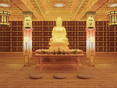 Buddhist Religious Worship Space With Golden Buddha Statue Bookshelves Lanterns And Prayer Cushions 3d model