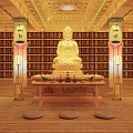 Buddhist Religious Worship Space With Golden Buddha Statue Bookshelves Lanterns And Prayer Cushions