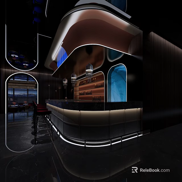 Modern Luxurious Bar Interior With Illuminated Counter And Stools 3d model