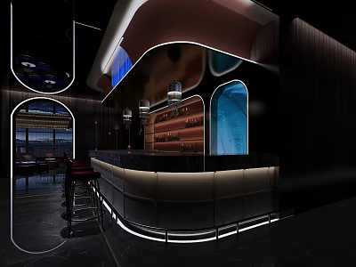 Modern Luxurious Bar Interior With Illuminated Counter And Stools 3d model