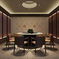 Elegant Private Dining Room Interior With Round Table Wicker Screens And Large Windows 3d model