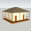 Simple Wooden House With Thatched Roof And Wooden Railings On Platform