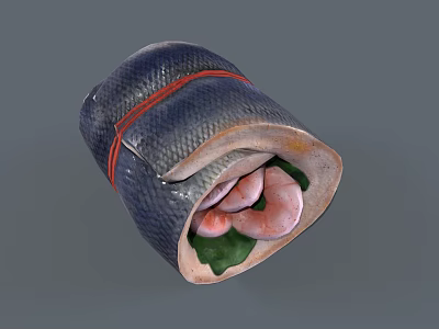 Leaf Wrapped Food Roll With Red String Tied And Fresh Shrimp Green Vegetables 3d model