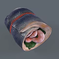 Leaf Wrapped Food Roll With Red String Tied And Fresh Shrimp Green Vegetables