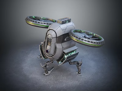 Futuristic Mechanical Drone With Dual Propellers Metallic Structure And Green Lights 3d model