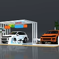 Display shelves for car exhibition booth with white and orange cars and colorful decorations