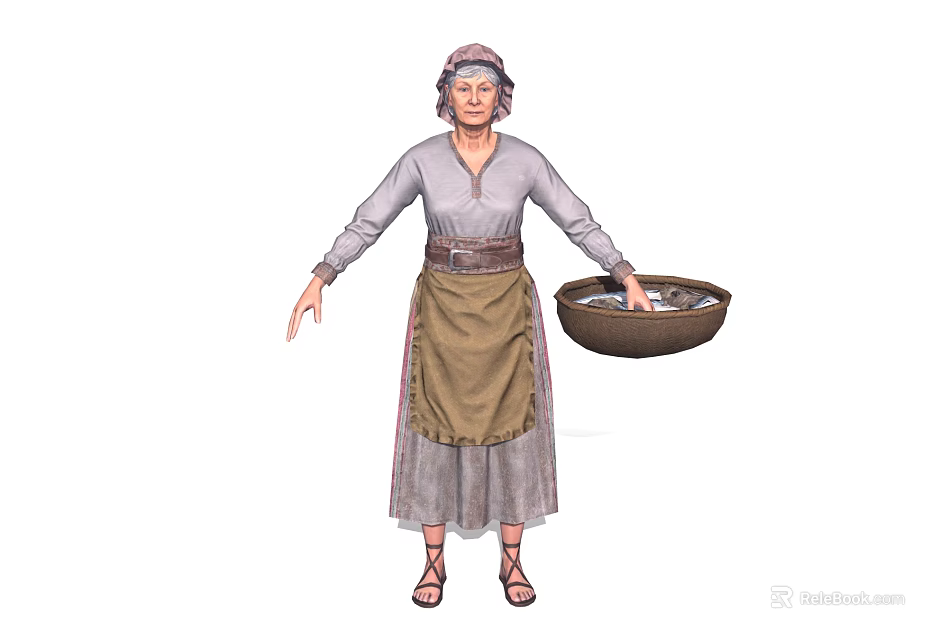 Elderly Woman in Traditional Clothing with Headscarf and Apron Holding Wooden Basin 3d model 