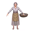 Elderly Woman in Traditional Clothing with Headscarf and Apron Holding Wooden Basin