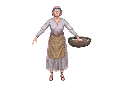 Elderly Woman in Traditional Clothing with Headscarf and Apron Holding Wooden Basin 3d model