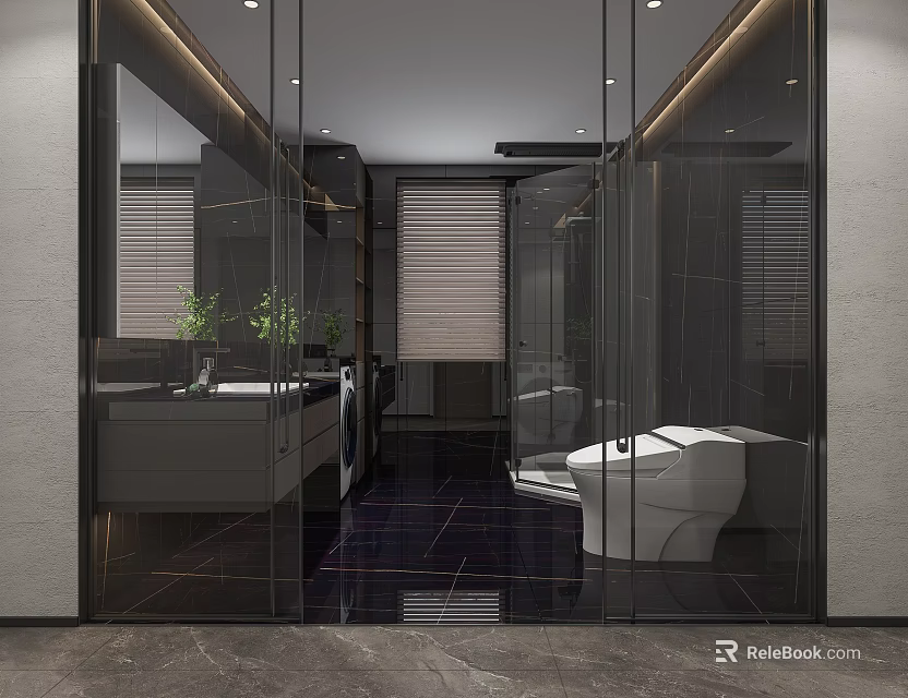 Luxury Modern Dark Tone Bathroom With Glass Partition Smart Toilet And Wall Mounted Sink Cabinet 3d model 