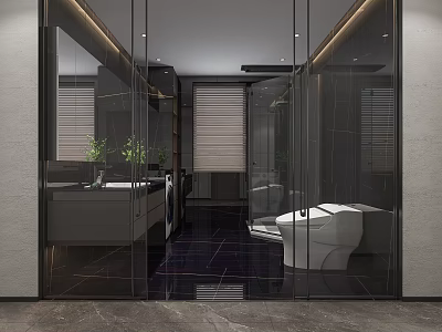 Luxury Modern Dark Tone Bathroom With Glass Partition Smart Toilet And Wall Mounted Sink Cabinet 3d model