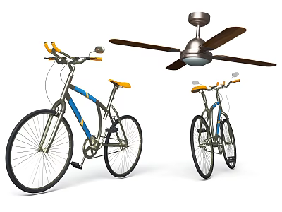 Stylish Blue and Yellow Bicycles with Yellow Seats and Ceiling Fan 3d model