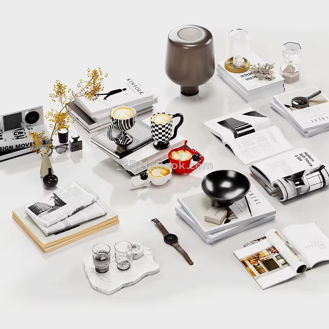 Modern Books Combination Books Newspapers and Periodicals Unfolding Books Mug Desktop Ornaments Table Lamp 3d model