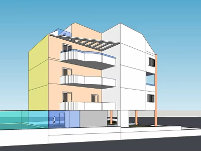 Modern Multi Story Building With Yellow White Facade Balconies Sunshade And Glass Elements 3d model