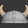 Viking Helmet Sculpture With Curved Horns And Decorative Metal Rivets Design
