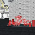 Outdoor Abstract Red Sculpture Carving Against Brick Wall With Trees And Modern Building