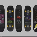 Diverse Skateboard Decks With Colorful Stripes Feather Art And Brand Graphics