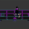 Pixelated Character Wearing Purple VR Headset Sitting on Neon Blue Pink Lighted Bench Holding Device
