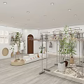Modern Clothing Store Interior With Hanging Clothes Racks Decorative Plants And Display Areas