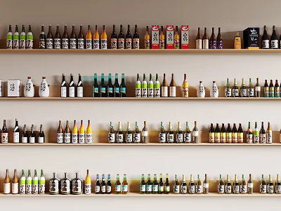 Assorted Wine Bottles and Glasses Neatly Placed on Wall Mounted Shelves 3d model