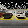 Car Specialty Store Showroom Displaying Various Colored Cars At Night