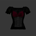 Women's Black Corset Top With Pink V Neck Button Front And Puffed Sleeves