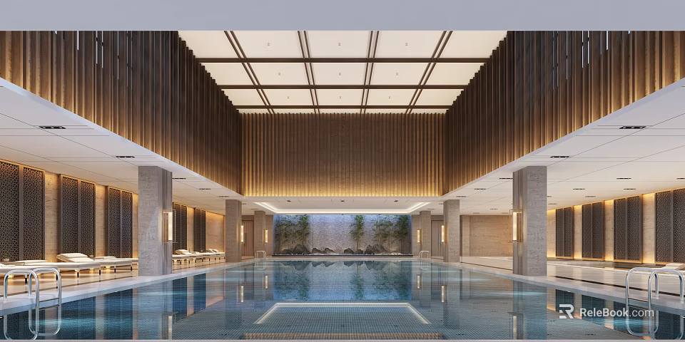Modern Indoor Swimming Pool Interior Design With Wooden Walls Green Plants And Clear Water 3d model 