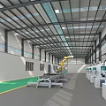 Industrial Equipment In Modern Steel Structure Workshop With Robotic Arm Conveyor Belt And Large Windows
