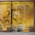 Chinese Style Interior With Yellow Bamboo Landscape Pattern Screen And Wooden Frame