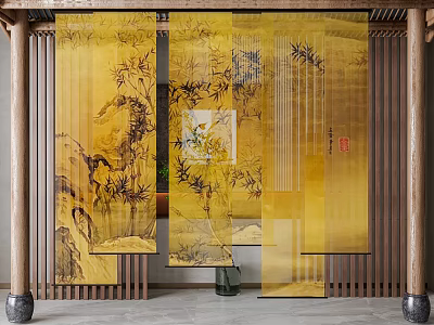 Chinese Style Interior With Yellow Bamboo Landscape Pattern Screen And Wooden Frame 3d model