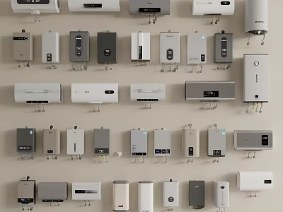 Assorted Electrical Appliances Display Featuring Wall Mounted Units And Diverse Designs 3d model