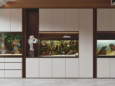 Modern Home Interior With Multiple Aquariums And Decorations 3d model