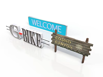 Decorative Signage Collection With Welcome Blue Sign BIKE Lettering And Cosmo Canyon Wooden Sign 3d model