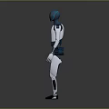 Blue And White Humanoid Robot Standing With Mechanical Structure And Grey Gradient Background