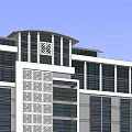 Modern Office Building With Glass Facade Decorative Elements And Entrance Greenery