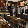 Chinese Style Restaurant Interior With Wooden Decor Lanterns And Traditional Patterned Walls