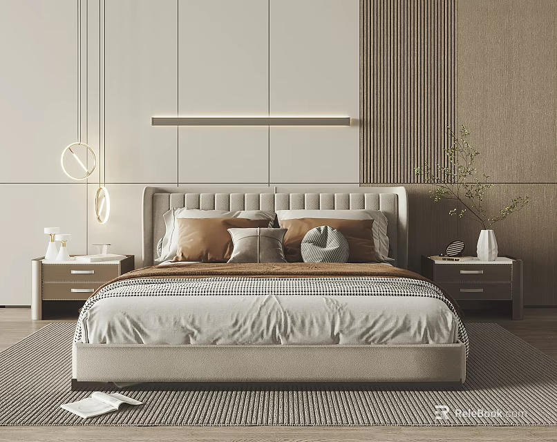 Double Bed With Upholstered Headboard Plush Pillows Nightstands Lamps Striped Wall Panels And Patterned Rug 3d model 