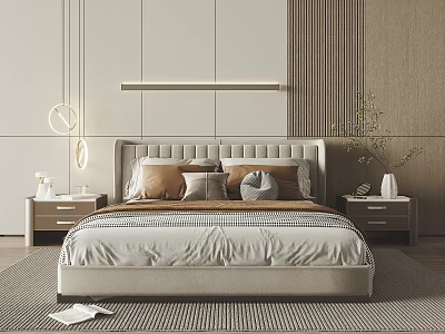 Double Bed With Upholstered Headboard Plush Pillows Nightstands Lamps Striped Wall Panels And Patterned Rug 3d model