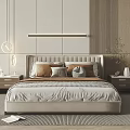 Double Bed With Upholstered Headboard Plush Pillows Nightstands Lamps Striped Wall Panels And Patterned Rug