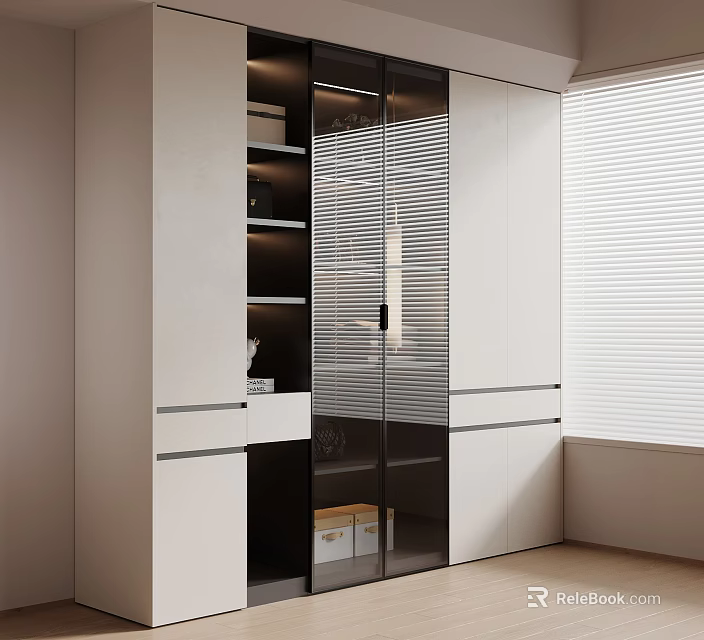 Modern Wardrobe With Glass Doors White Black Storage And Window Blinds 3d model 