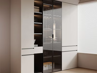 Modern Wardrobe With Glass Doors White Black Storage And Window Blinds 3d model