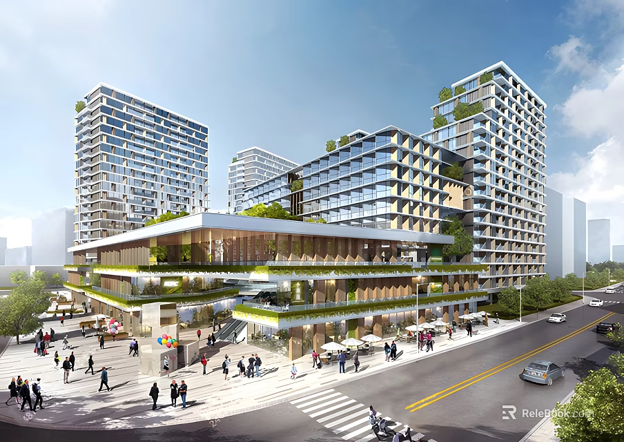 Modern Hotel Building With Tall Towers Greenery And Roof Gardens Along Urban Street With Pedestrians 3d model