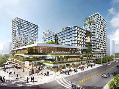 Modern Hotel Building With Tall Towers Greenery And Roof Gardens Along Urban Street With Pedestrians 3d model