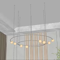 Modern Minimalist Circular Chandelier With Black Metal Frame And White Globe Bulbs In Interior Space