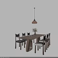 Modern Wooden Dining Table Set With Matching Chairs Vase With Flowers And Hanging Lamp