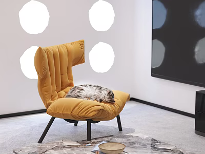 Mustard Yellow Velvet Accent Chair With Furry Cushion And Circular Wall Decorations In Living Room 3d model