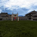 Traditional Ancient Architecture Courtyard With Hanging Lanterns Curved Roofs And Wooden Pavilions